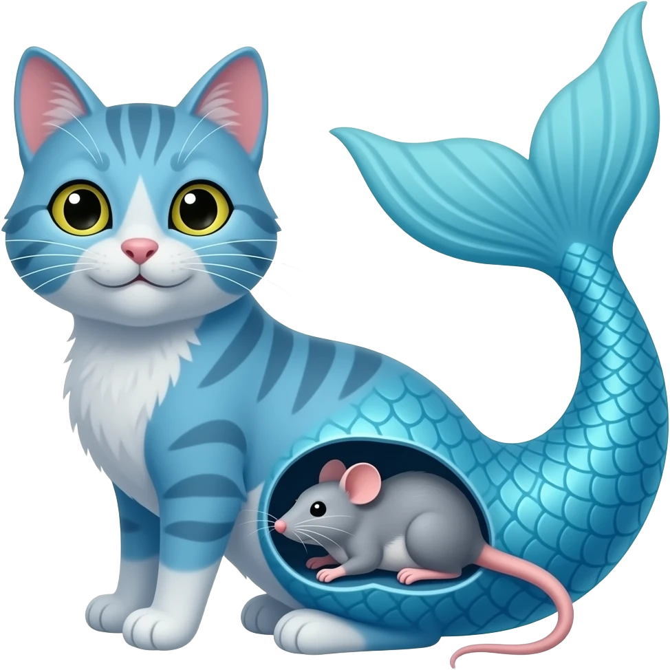 A blue cat with long #B8FFFF mermaid tail whole  rat bulging inside a #B8FFFF mermaid tail emoji