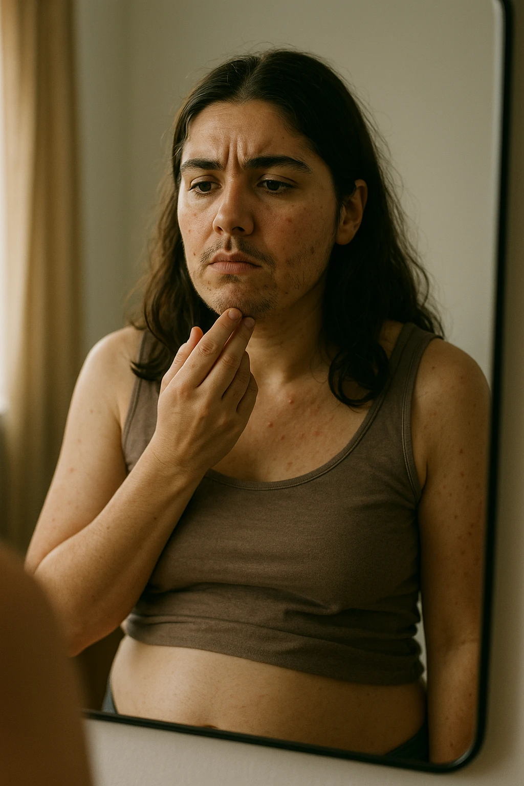 A realistic, cinematic portrait of a young woman in her late 20s standing in front of a mirror, visibly concerned while touching her chin and jawline where small dark facial hairs are noticeable, indicating hirsutism. Her skin appears oily, with a few cystic acne spots on her cheeks and jaw, and her dark hair is slightly greasy, indicating increased sebum production due to androgen excess. Her body shows mild abdominal bloating, and she looks at herself with a mix of frustration and sadness, capturing the emotional struggle linked to PCOS. The scene is set in a softly lit bedroom or bathroom with neutral daylight, with a clear mirror reflection to emphasize self-observation and discomfort. Style: realistic 35mm cinematic look, soft focus on her face and hair details, warm tones to keep it human and relatable emoji