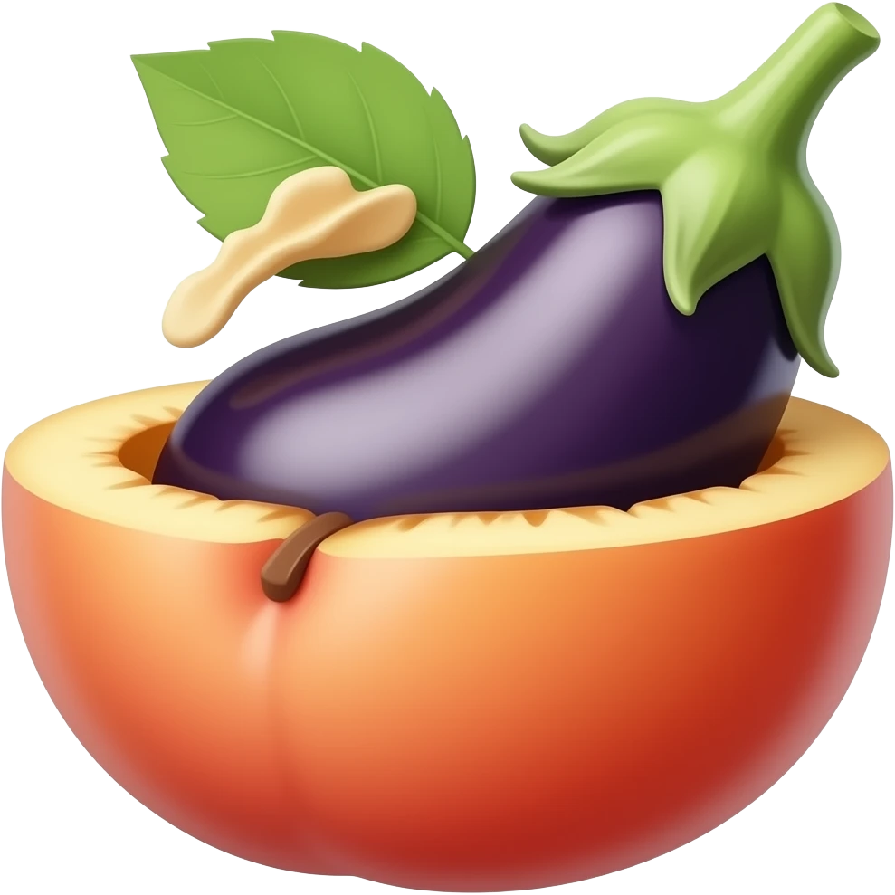 Eggplant inside a peach with nut emoji