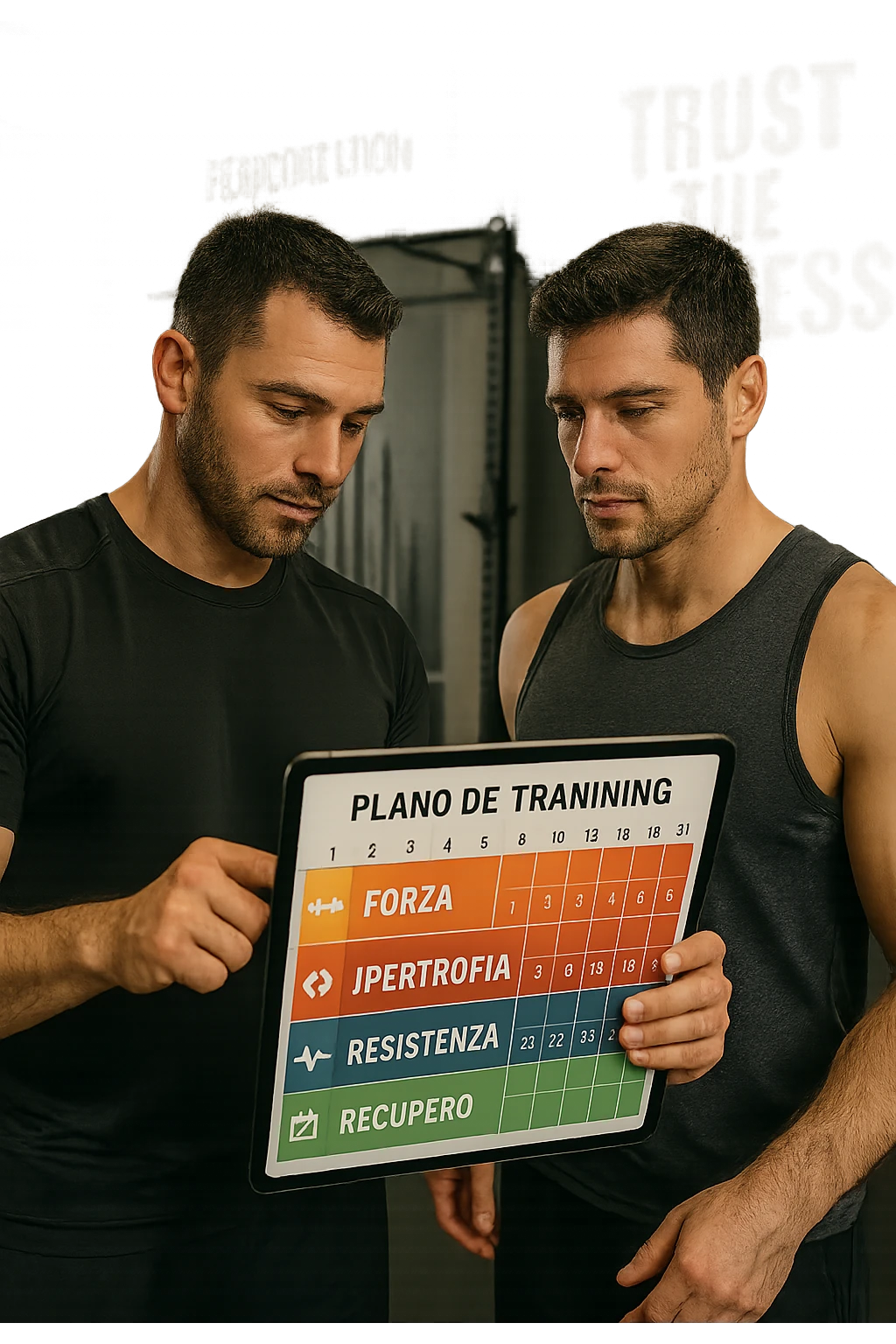 realistic cinematic photo a personal trainer and a client stand in a modern gym, reviewing a large, color-coded training calendar or chart on a tablet. The calendar shows different phases (Forza, Ipertrofia, Resistenza, Recupero) with icons and dates. Around them, gym equipment and motivational posters reinforce the idea of structured, periodized training. in italiano emoji