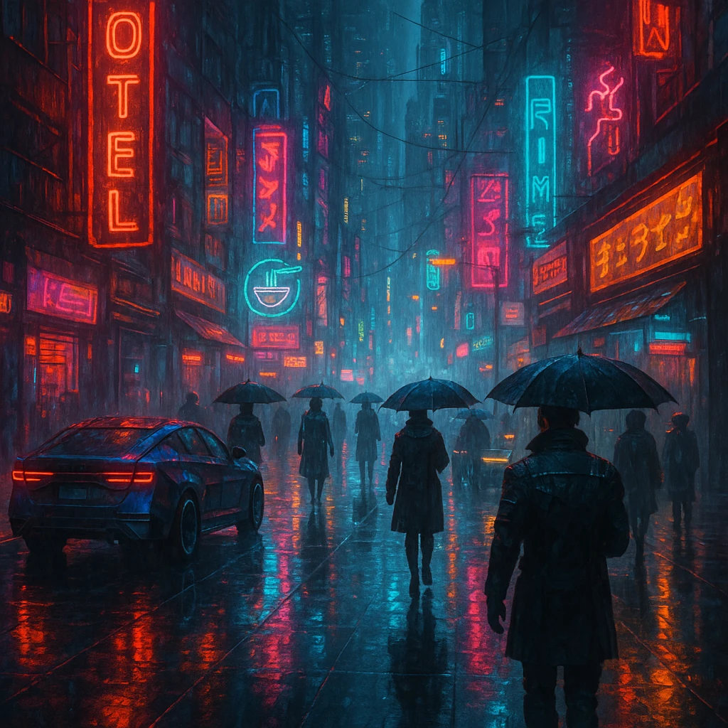 cyberpunk 2077 inspired street scene, rain-soaked pavement, neon signs, futuristic vehicles, dark atmosphere emoji