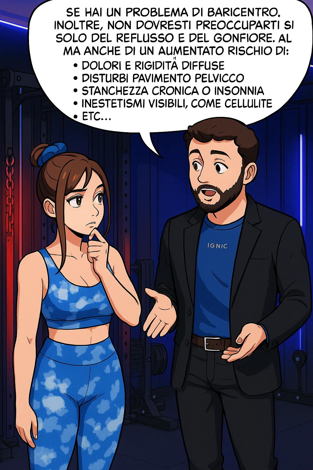 TRASFORMA QUESTO CAROSELLO IN UN FUMETTO STILE WEBTOON/MANGA A COLORI CON QUESTE DUE PERSONE IDENTICHE CHE INTERLOQUISCONO TRA LORO, L'uomo sta spiegando alla donna questo concetto MENTRE LA DONNA SI TIENE L'INDICE SUL MENTO ASCOLTANDOLO PENSIEROSA:

Se hai un problema di baricentro, inoltre, non dovresti preoccuparti solo del reflusso e del gonfiore addominale, ma anche di un aumentato rischio di:
    • dolori e rigidità diffuse
    • disturbi pavimento pelvico
    • stanchezza cronica o insonnia
    • inestetismi visibili, come celluluite
    • etc… emoji