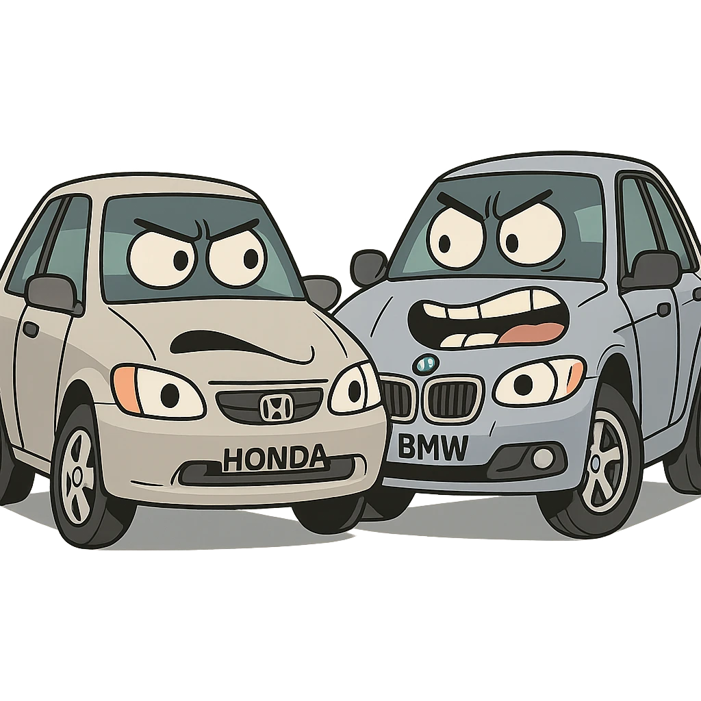 Honda and BMW cars with exaggerated expressions, comic style emoji