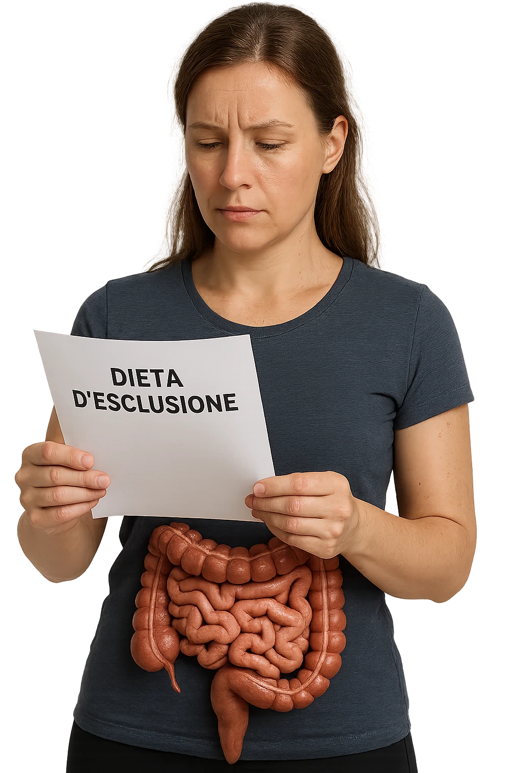 donna con intestino umano anatomico in evidenza che legge un foglio con la scritta "DIETA D'ESCLUSIONE, iperrealistica 4k emoji