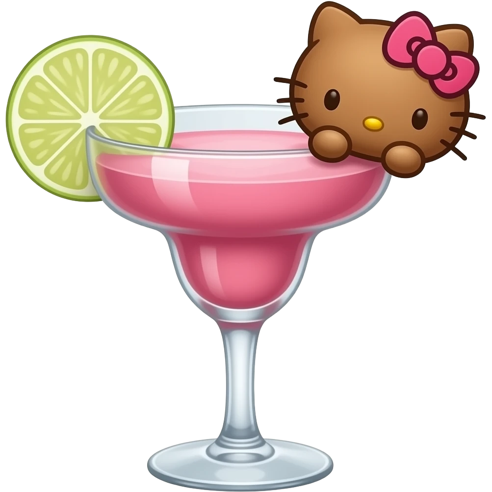 tanned hello kitty the sanrio character themed brown and pink colored cocktail in margarita glass with actual illustration of tanned kitty as a garnish emoji