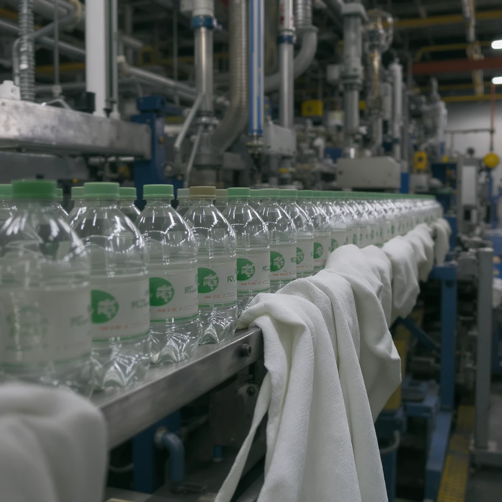 vertical realistic scene of industrial recycling chain where PET plastic bottles are processed into polyester fabric for clothing, detailed bottles, machinery, clothes, professional atmosphere, aspect ratio 2:3 emoji