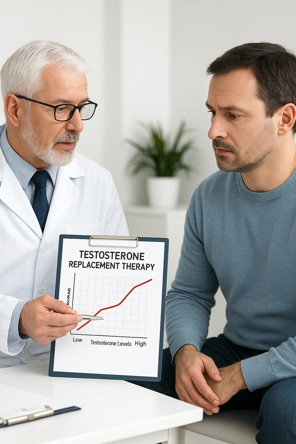 a man in his 40s sits in a doctor’s office, listening attentively as a physician explains TRT (Testosterone Replacement Therapy). The doctor holds a prescription pad and points to an educational chart showing testosterone levels. The mood is professional and informative, with a clean, clinical background. in italiano emoji