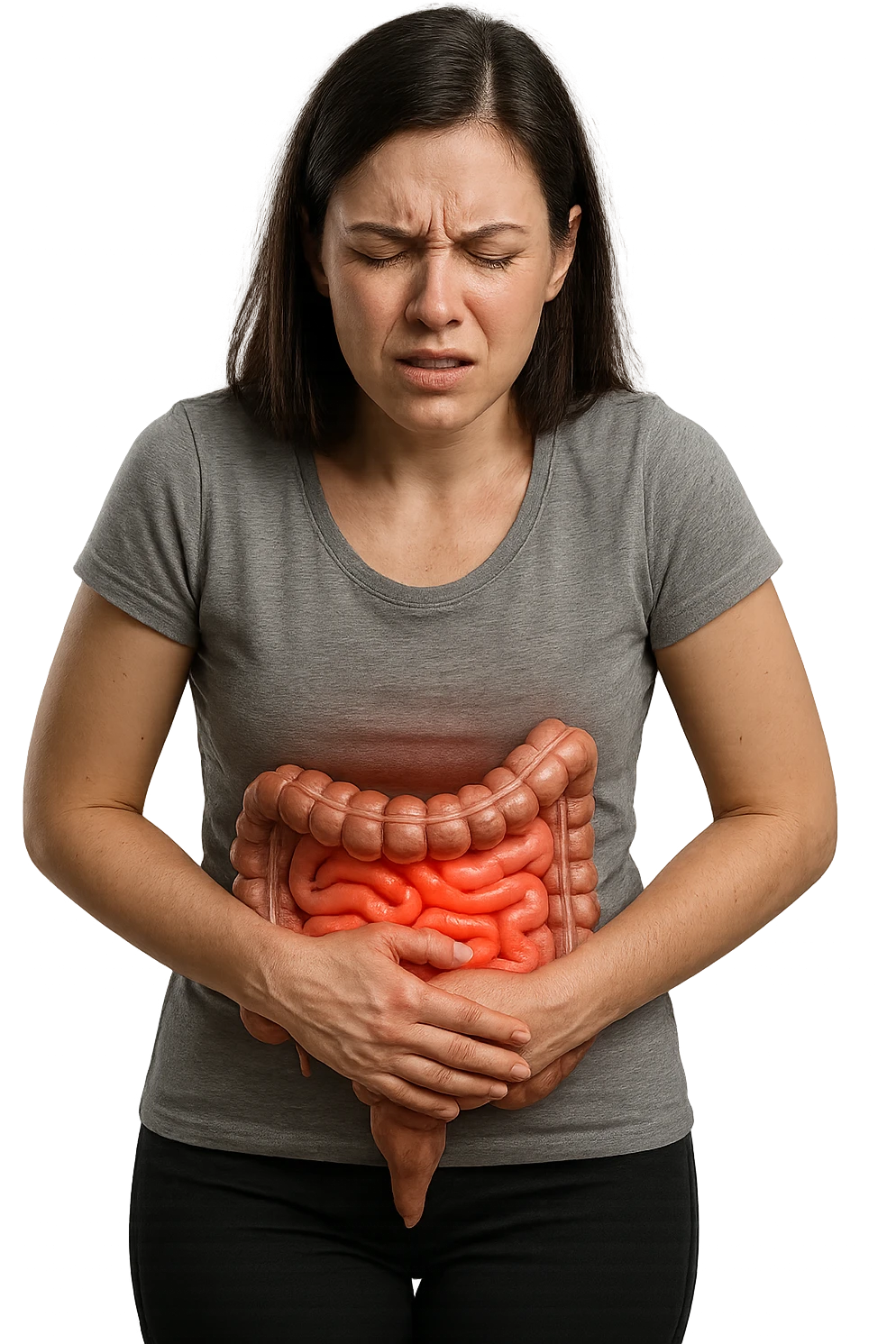 DONNA CON INTESTINO ANATOMICO REALISTICO IN EVIDENZA E MAL DI PANCIA, IPERREALISTICO 4K emoji