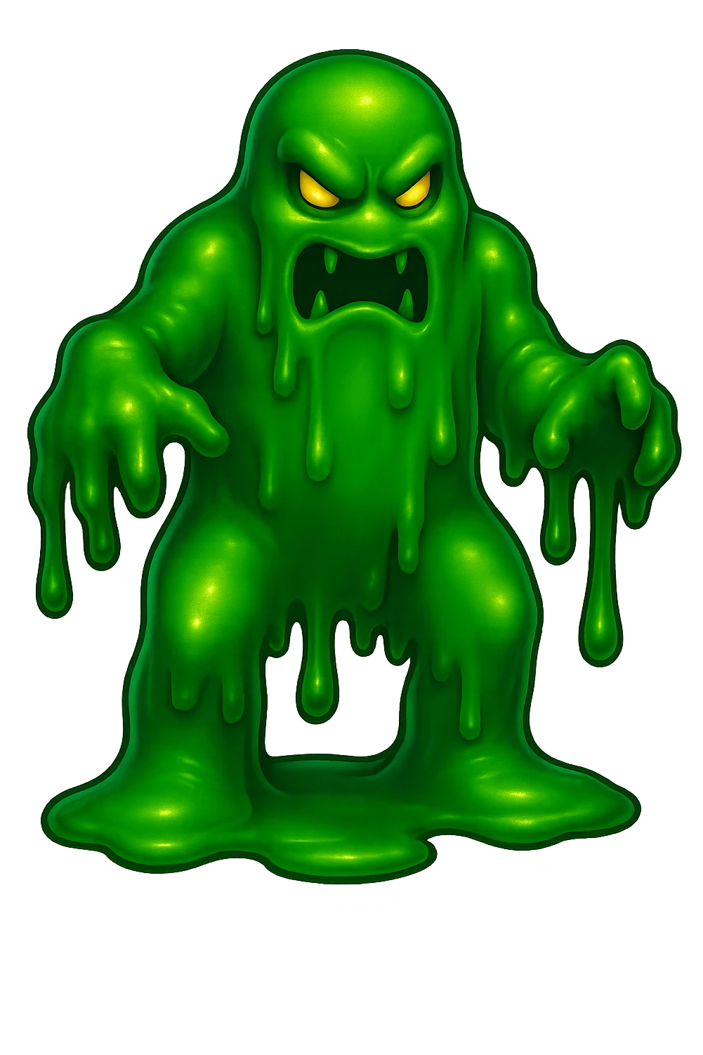 Slime monster. green slime. scary sinister. slime attacks. show full body. more dripping slime. talk humanoid slime creature. sinsiter and scary...green slime. has 2 arms and a vague head emoji