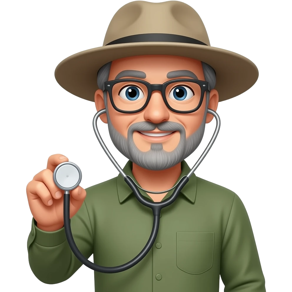 olive green long sleeved shirt grey hair glasses broad brimmed hat holding stethoscope left handed emoji