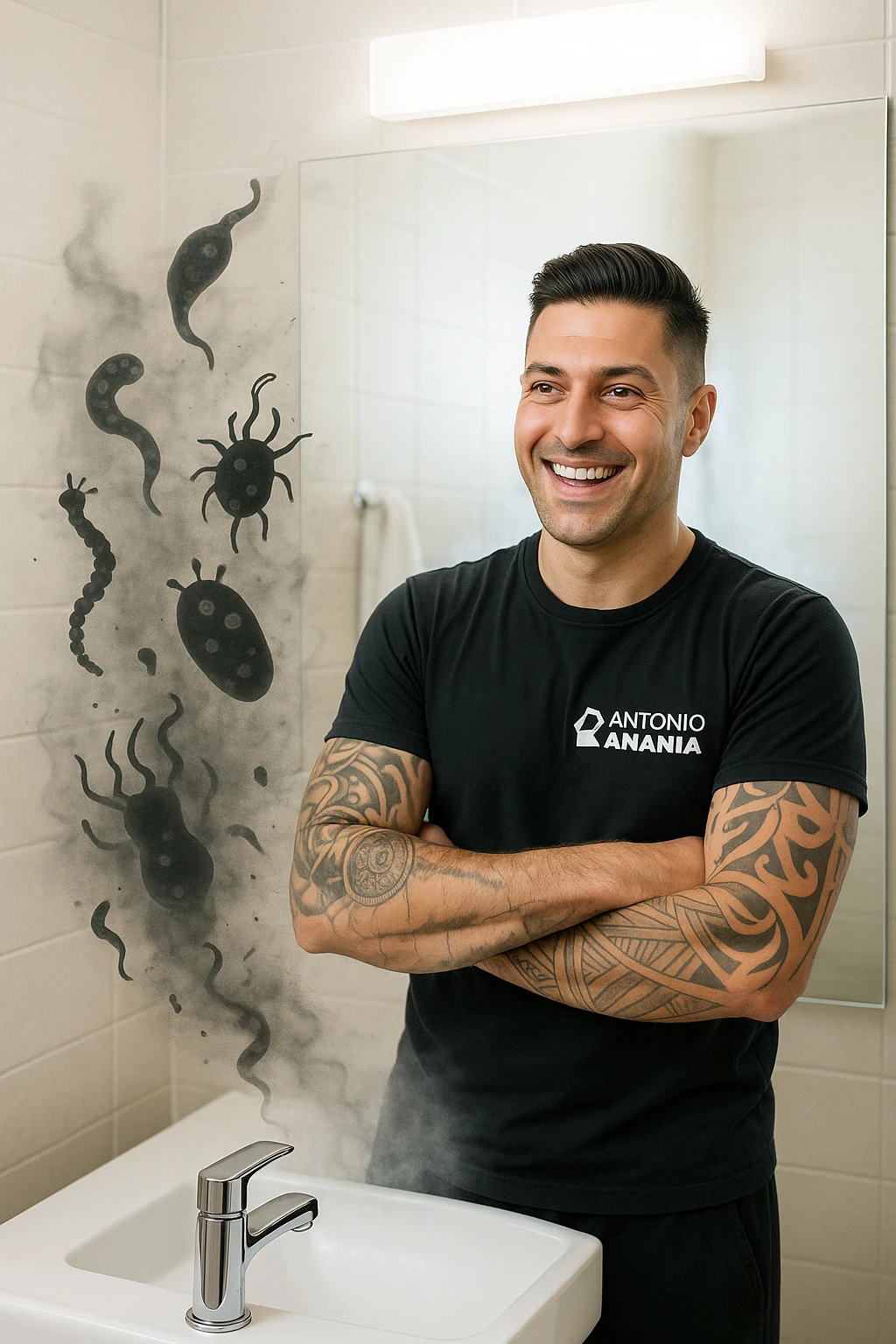 a man stands in a brightly lit bathroom, looking relieved and revitalized as he examines his reflection in the mirror. In the foreground, stylized, shadowy images of parasites (such as worms or protozoa) are shown leaving his body, dissolving into mist or fading away. His posture is upright and his expression is one of newfound energy and health. emoji