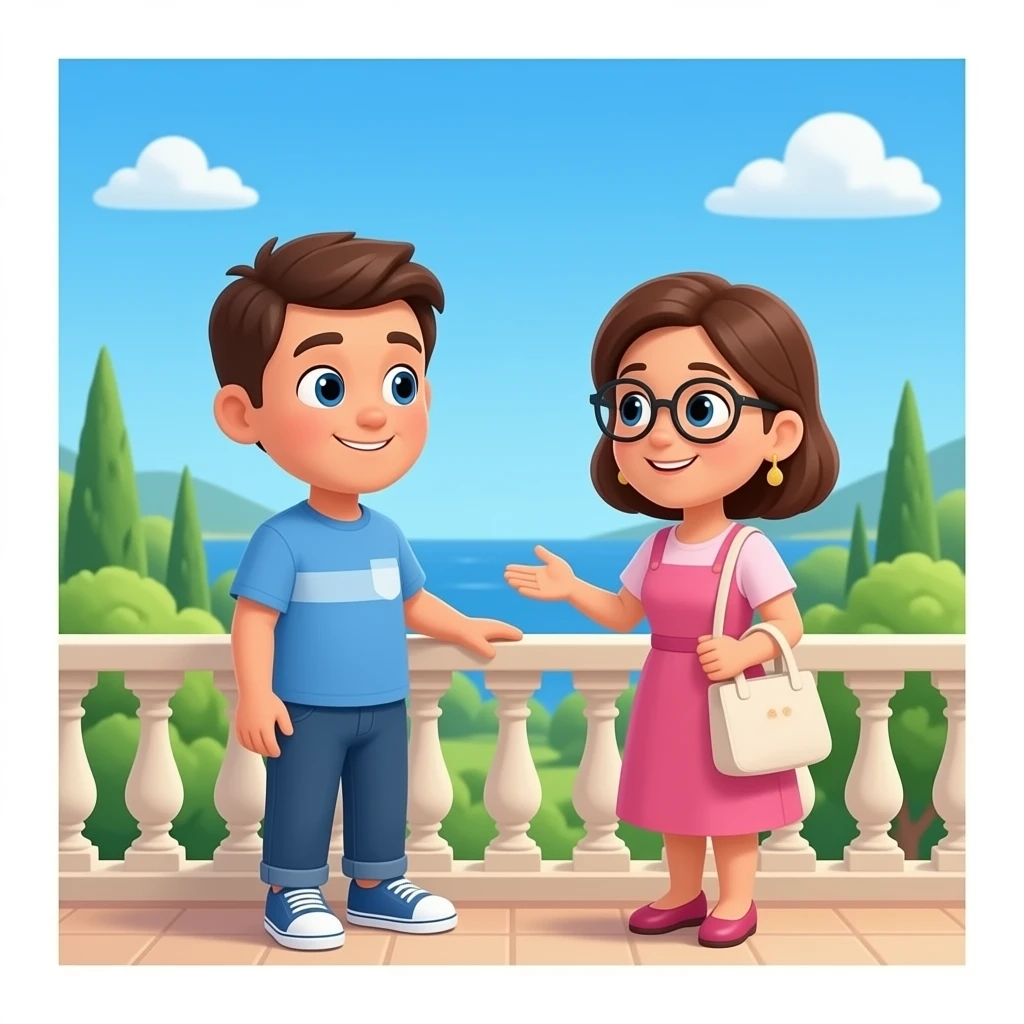 haz que haya el patufet hablando en una terraza con su madre emoji