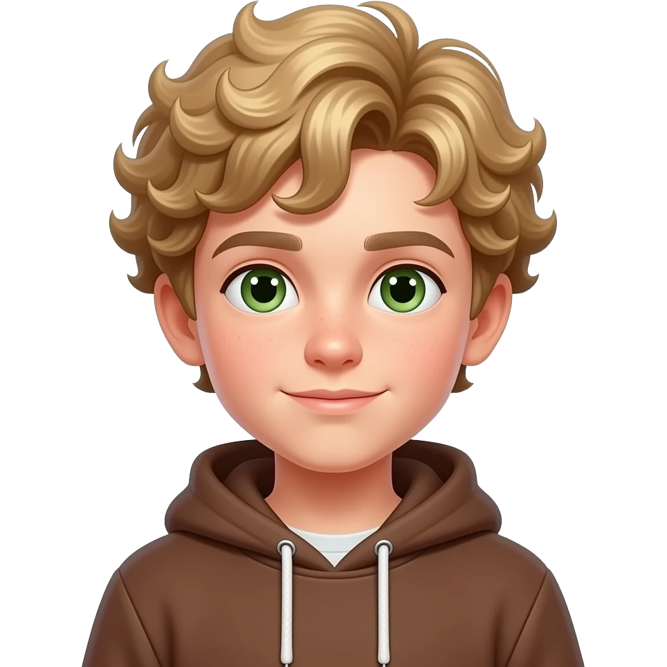 boy, green eyes, brown hoodie, blonde curly hair, skinny emoji
