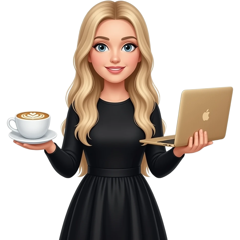grey eyes woman, In long sleeves black dress, with extreme long very straight blond hair with light ombré hair with late art coffee and MacBook gold in other hands emoji