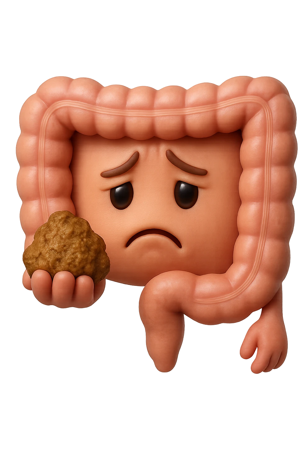 EMOJI STILE IPHONE 3D DI un intestino con espressione triste mentre tiene in mano delle fibre fermentate a poltiglia, FALLO MOLTO REALISTICO IN 3D emoji