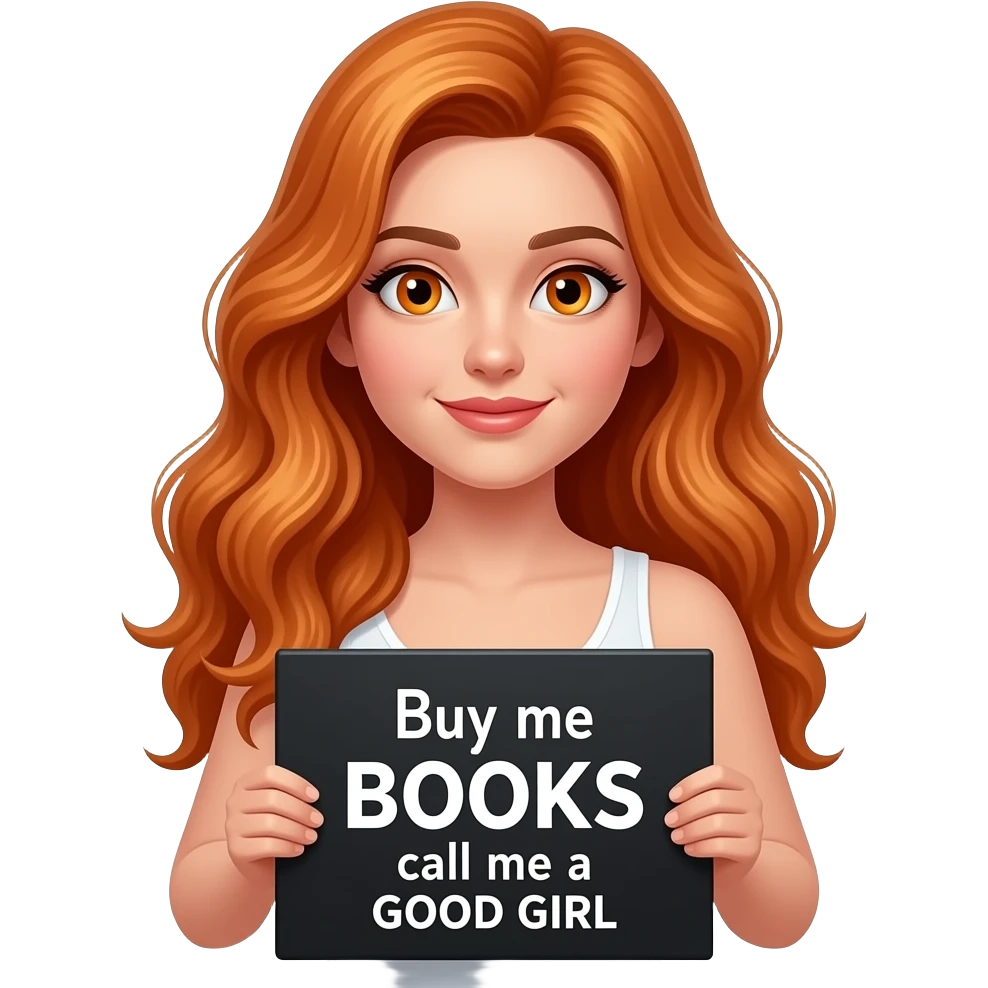 sexy girl with long wavy ginger hair and ginger eyes wearing a white tanktop is holding a black colored sign with Buy me BOOKS and call me a GOOD GIRL written on it emoji