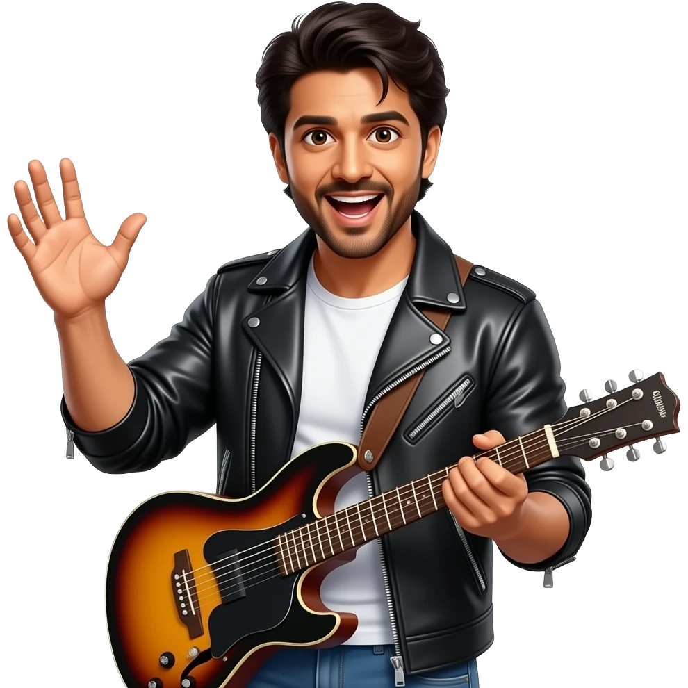 Create a cut-out style emoji of Shah Rukh Khan from Dilwale Dulhania Le Jayenge. He is wearing a black leather jacket over a white T-shirt and holding a guitar.The emoji should have expressive facial features and dynamic hand/pose expression, matching the style of srk emoji