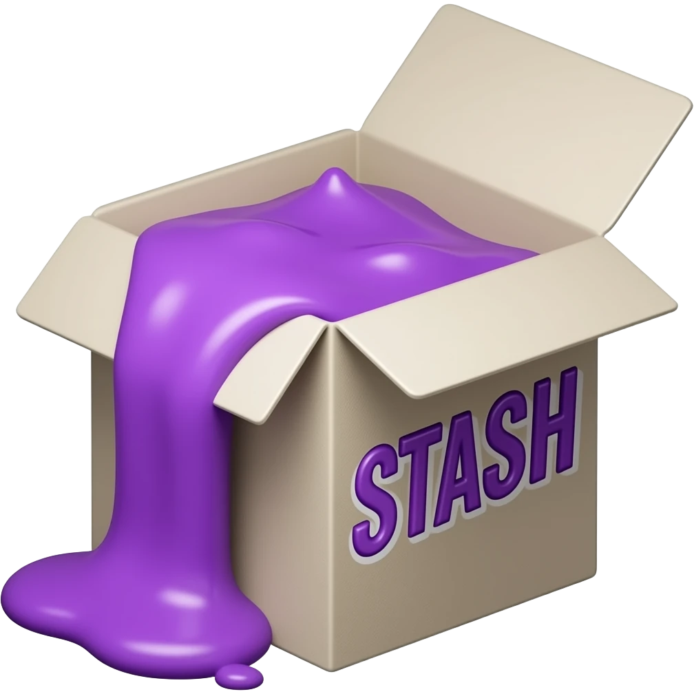 a box with purple syrup flowing out of it and a large inscription on the box saying "STASH" emoji