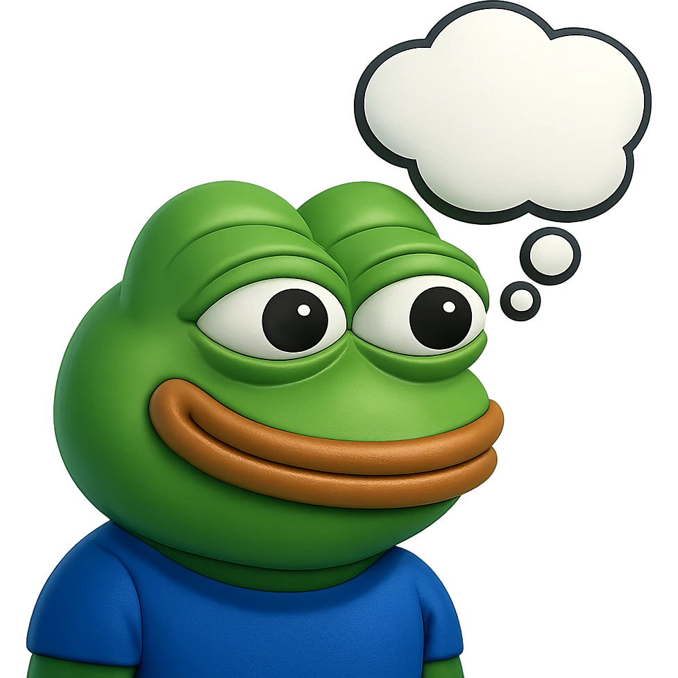 make a pepe in bright green smiling with thought bubble looking at left side in 3d style, good highlights and shadows, drop shadows emoji