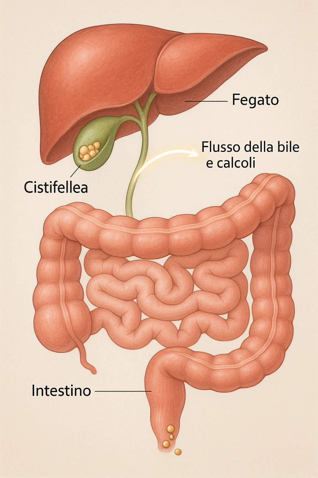 A realistic, educational medical illustration showing the human digestive tract focusing on the liver, gallbladder, bile ducts, and intestines. The gallbladder is depicted with small gallstones inside. A soft glowing arrow indicates the flow of bile and small stones moving naturally from the gallbladder through the bile ducts into the intestines. In the colon, small softened gallstones are shown being prepared for elimination, symbolizing their removal through bowel movements. The style is clean, precise, and clear with soft anatomical colors (greens, soft reds, and yellows) and faint glowing arrows to illustrate the process. The background is a subtle neutral gradient to keep the focus on the organs and the pathway. The image conveys the concept of natural gallstone elimination through the intestines via the stool in a clear, non-graphic, and educational way in italiano emoji