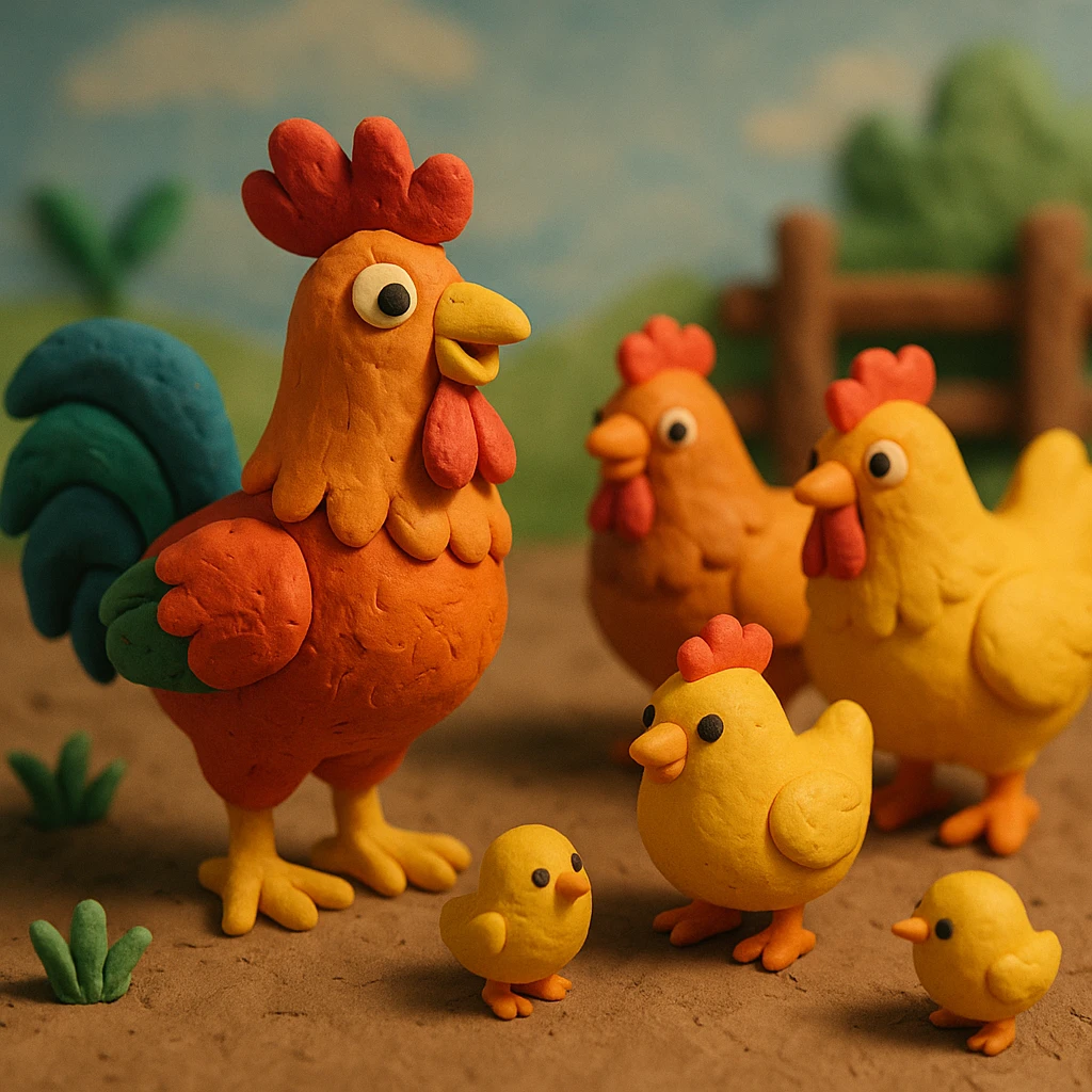 rooster with hens and chicks, cheerful farmyard scene, colorful and cute in claymation style emoji