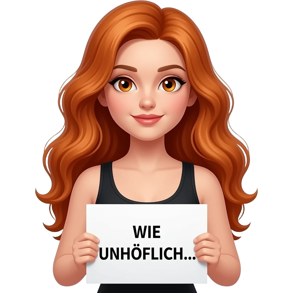 sexy girl with long wavy ginger hair and ginger eyes wearing a black tanktop is holding a white sign with WIE UNHÖFLICH... written on it emoji