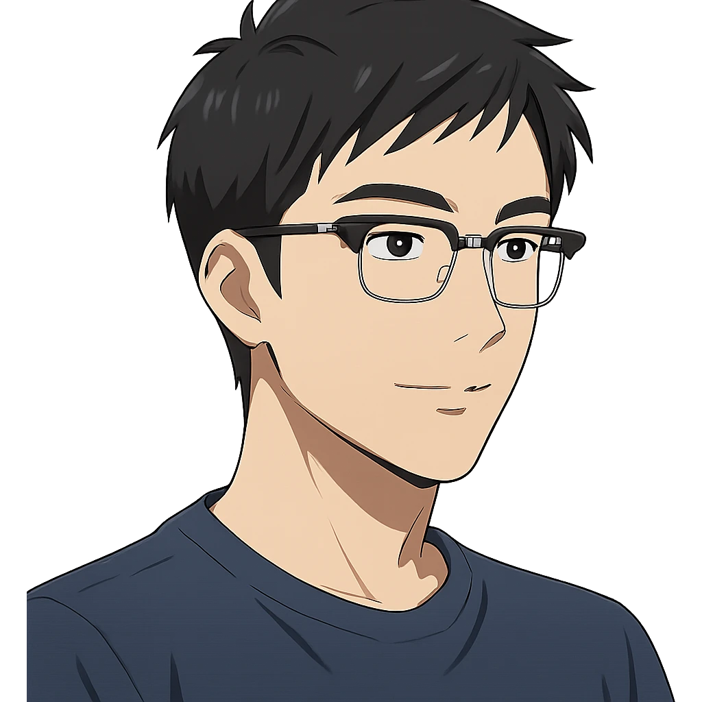 anime style Asian man, 25 years old, with Ray-Ban half frame glasses emoji