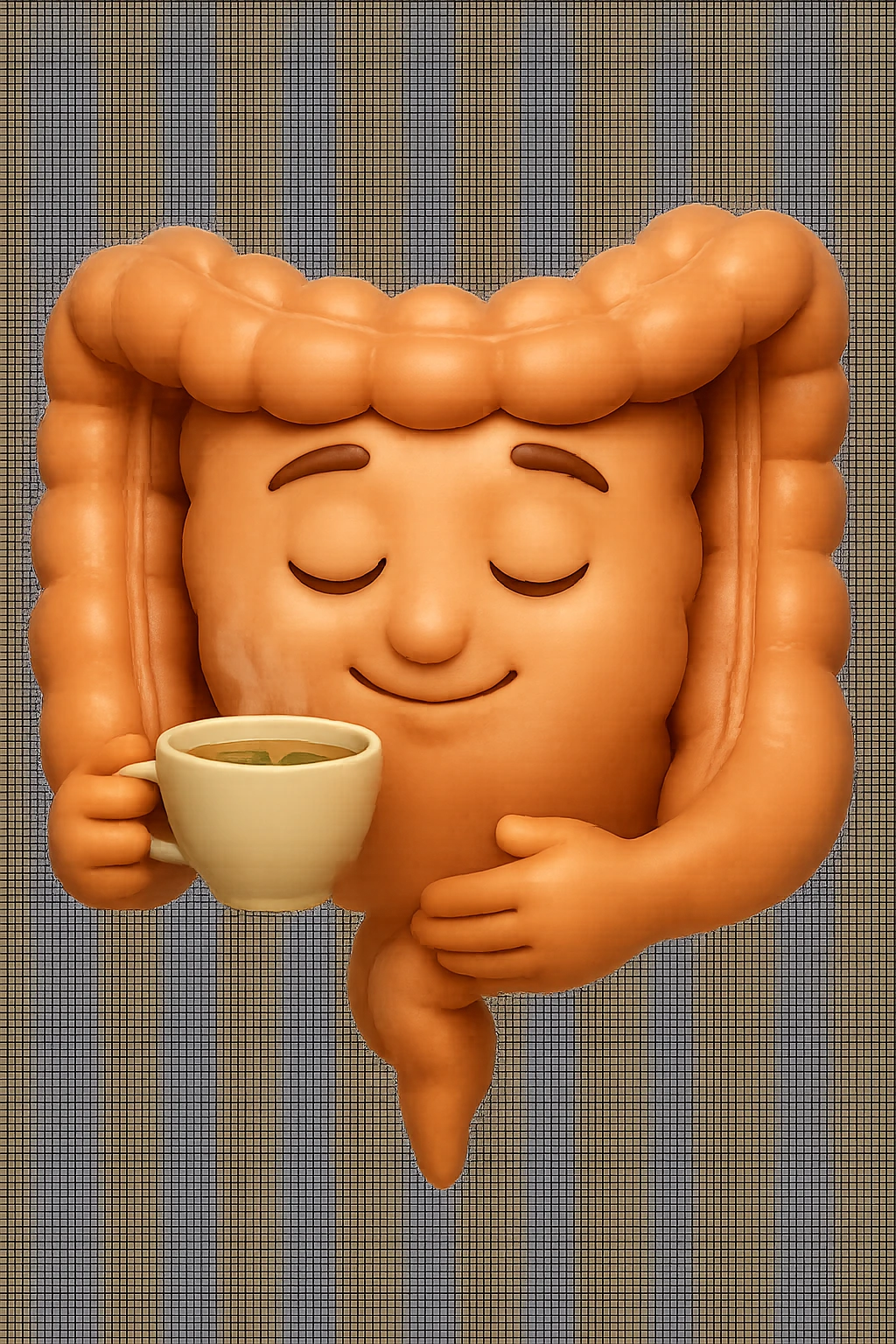 emoji stile iphone 3d di intestino umano sereno che si tocca la pancia mentre sorseggia un thè alle erbe, iperrealistico 4k emoji
