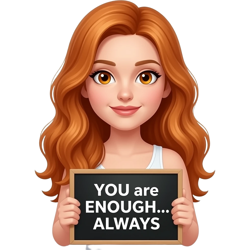 sexy girl with long ginger hair and ginger eyes wearing a white tanktop is holding a black sign with YOU are ENOUGH... ALWAYS written on it emoji