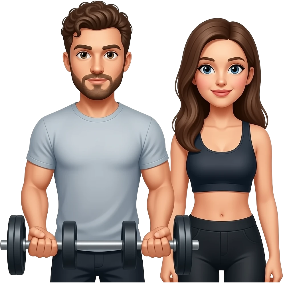 Realistic white man brown super short curly hair with beard working out with realistic white woman brown long straight hair aesthetic emoji