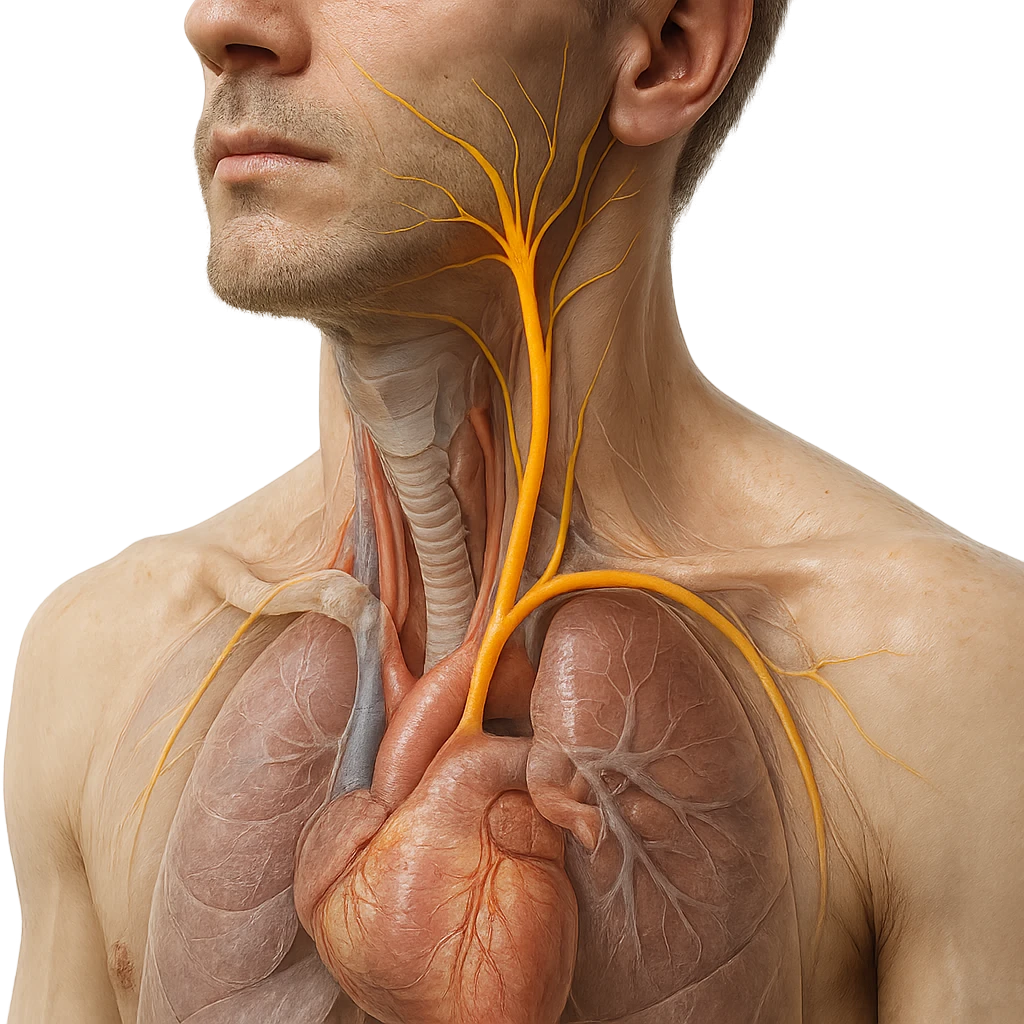 realistic 4K close-up image of human neck and chest with vagus nerve highlighted, anatomical details, visible vagus nerve path, transparency on internal organs, natural colors, white background emoji