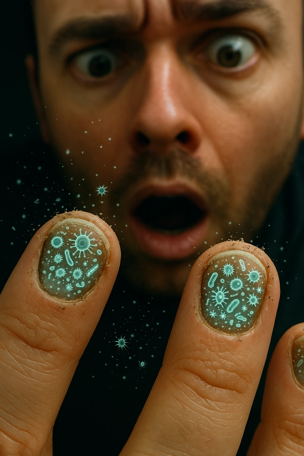 "Close-up macro shot of man's fingernails with transparent overlay showing dense colonies of bacteria, viruses, and parasites thriving in nail beds, millions of pathogens visible as glowing microscopic organisms, expression of shock as he examines his hands under magnification, nail debris containing more germs than toilet water, fingertips becoming mobile germ factories" emoji