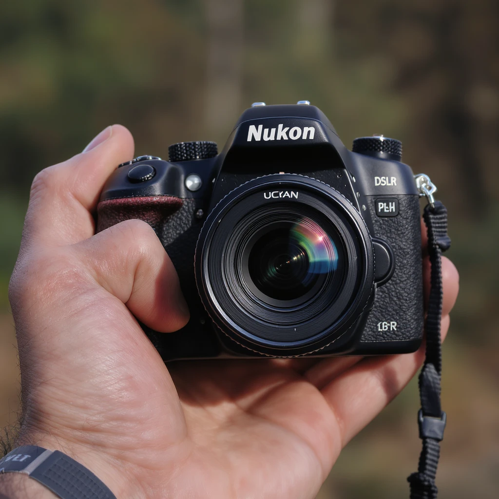 realistic of hand holding dslr camera, studio quality, close up emoji