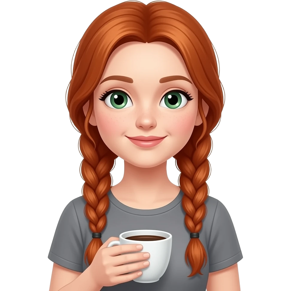 A redhead girl with long braided hair and green eyes, wearing a gray top and a cup of coffee emoji