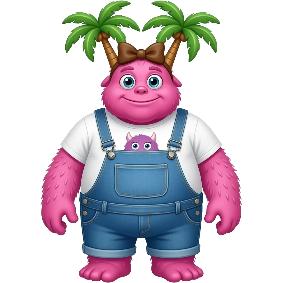 a pink monster who has a brown bow on her forehead. she also has palm trees sticking out of her head. she is wearing blue jean overalls and has a white shirt with a monster on it under the overalls. she is very big, very wide and tall. emoji