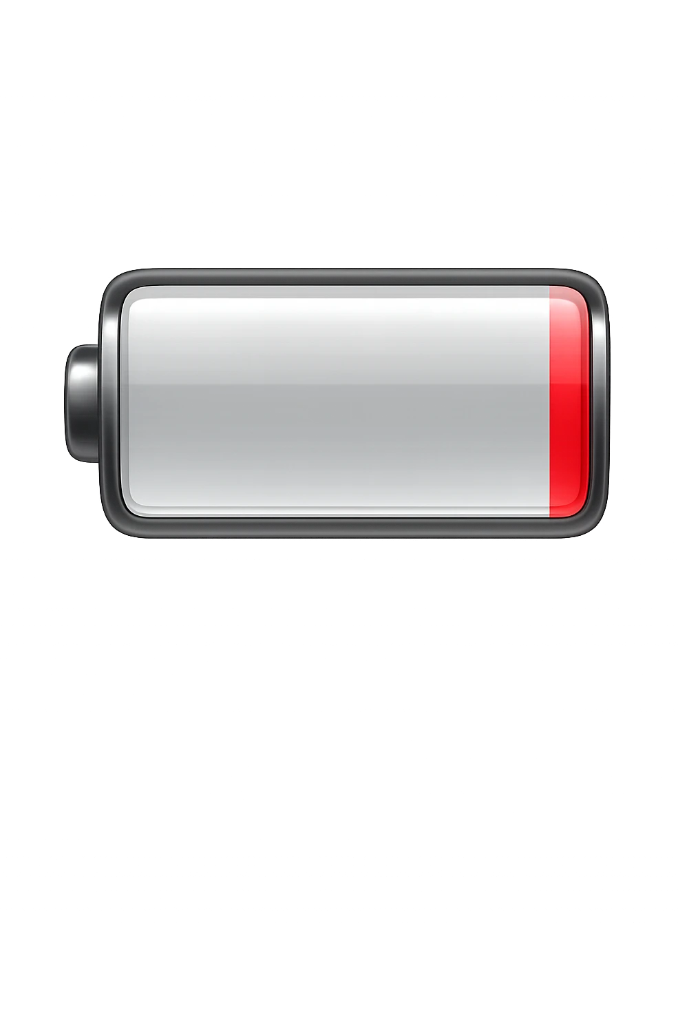 iPhone-style emoji of a battery that is almost empty, with a red bar at the end indicating low energy. Clean, minimal, glossy look, transparent background. emoji