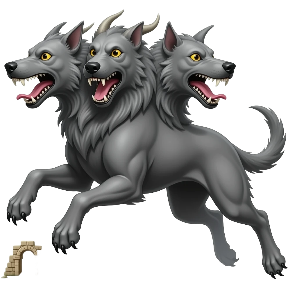 cinematic - cerberus, a three-headed haunting dog - jumping - that guards the gates of the underworld emoji