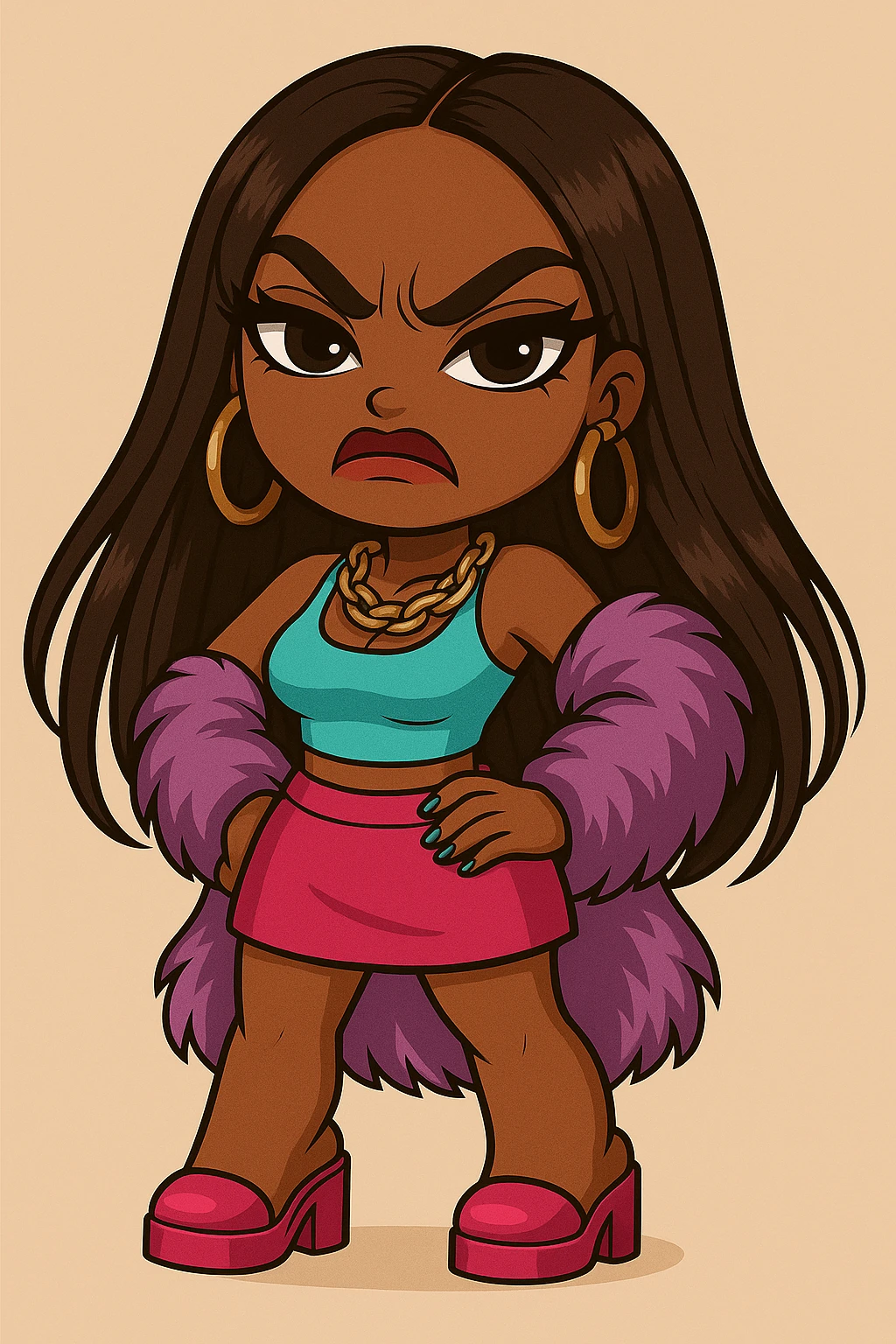 Change her expression to angry, keep her as a 20-year-old anime Bratz style woman with dark skin, dark hair, glamorous evening wear, big expressive eyes, and glossy lips. Maintain the anime Bratz style and the original look except for the angry expression. emoji