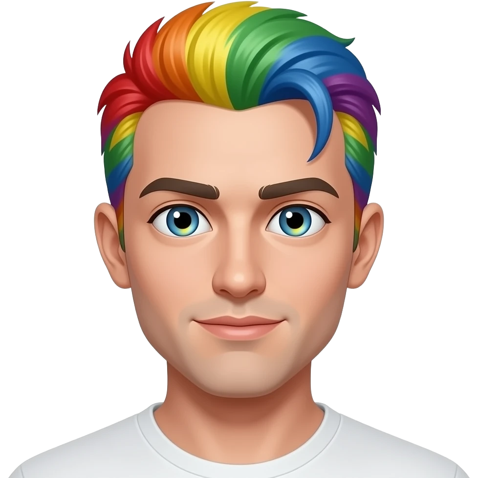 Middle part mullet male haircut with rainbow color hair. Rainbow Irisis, no beard. emoji
