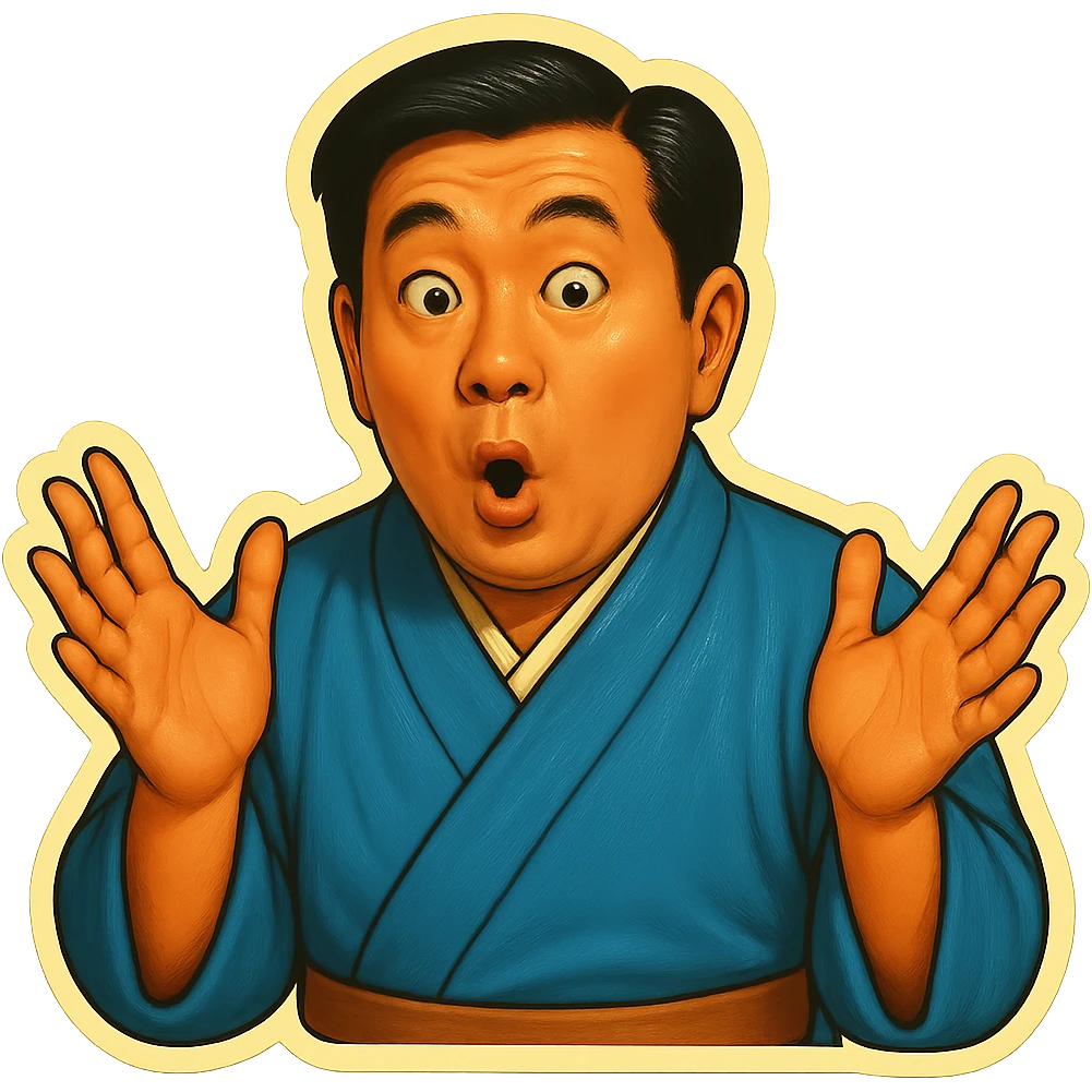 The same Japanese man in traditional kimono looks at the viewer with a surprised look, and his hands are empty emoji