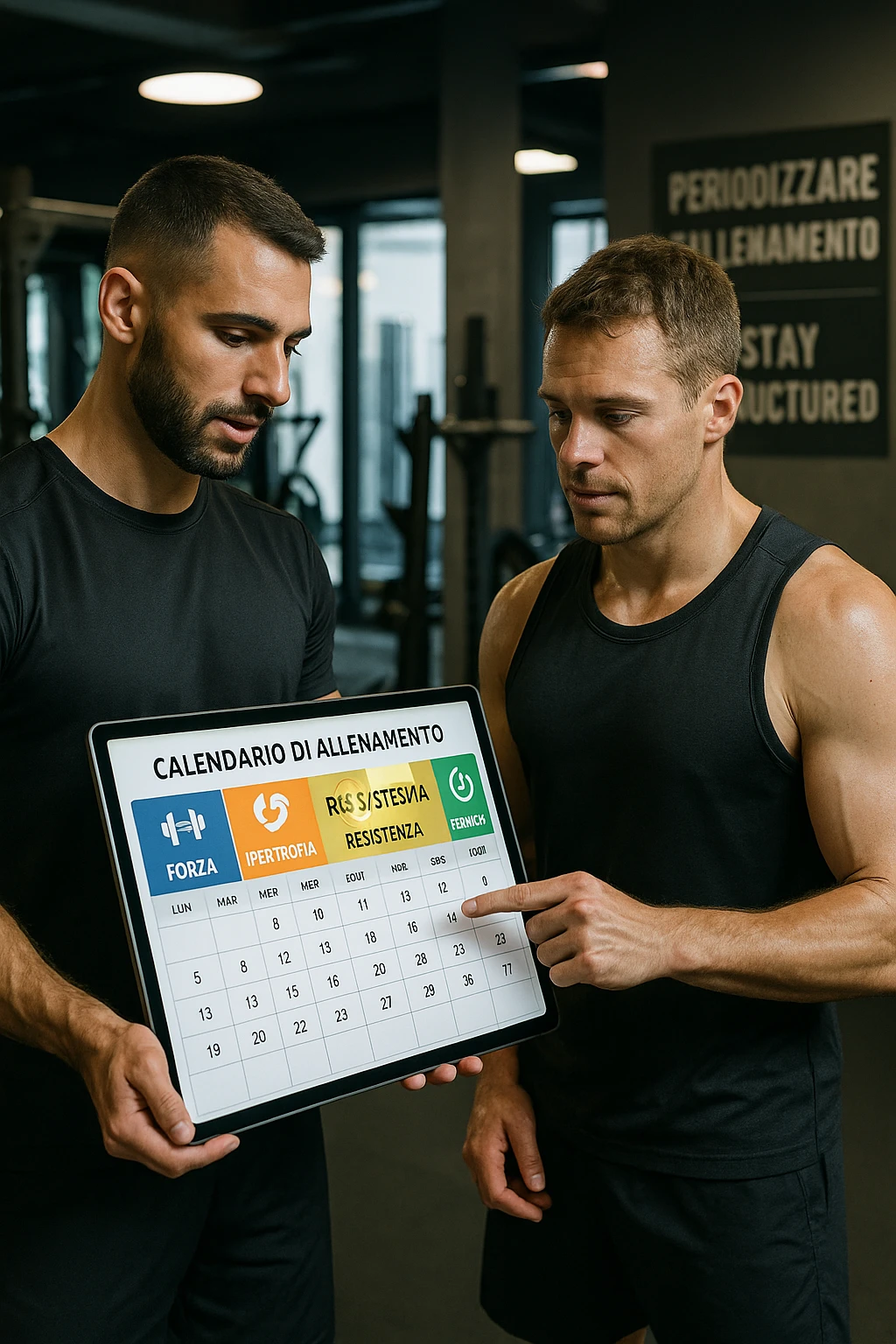 realistic cinematic photo a personal trainer and a client stand in a modern gym, reviewing a large, color-coded training calendar or chart on a tablet. The calendar shows different phases (Forza, Ipertrofia, Resistenza, Recupero) with icons and dates. Around them, gym equipment and motivational posters reinforce the idea of structured, periodized training. in italiano emoji