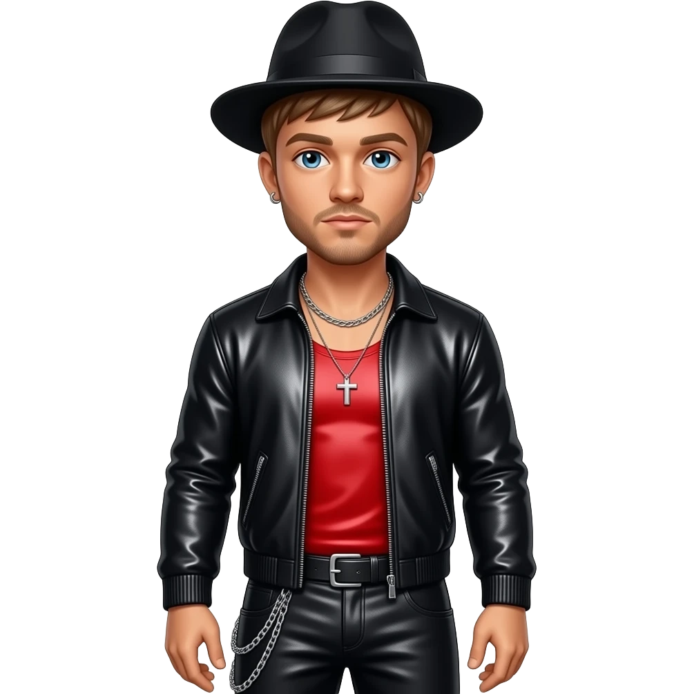 Justin Timberlake with blue eyes, light brown hair, red metallic sleeveless shirt, black hat, black metallic open shirt, black metallic baggy pants with chain, necklace and short earrings emoji