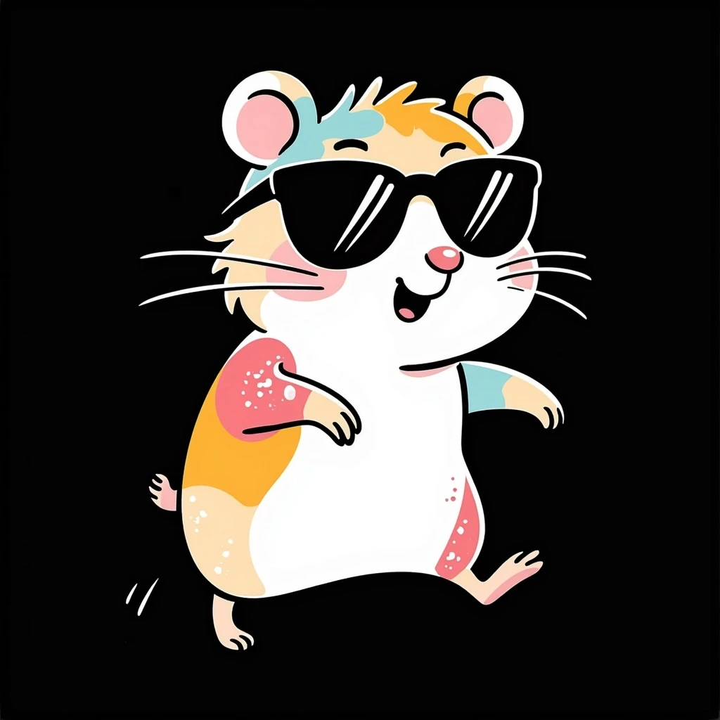 unique colorful hand-drawn modern semi-realistic hamster with cool glasses running energetically on solid black background illustrated in Procreate on an iPad emoji