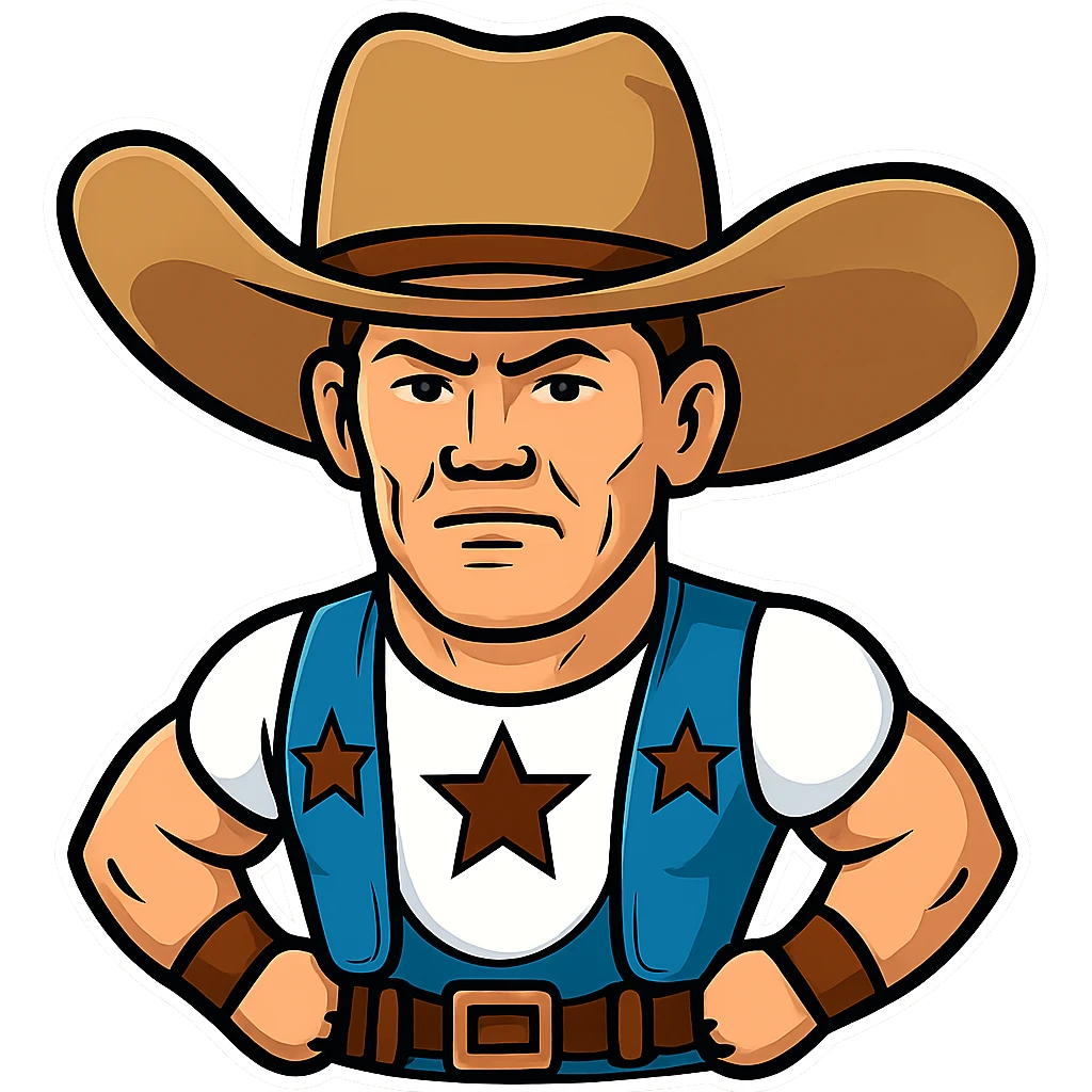 Make the cowboy hat even bigger on John Cena in the style of cartoonish stickers, keep the sticker style look. emoji