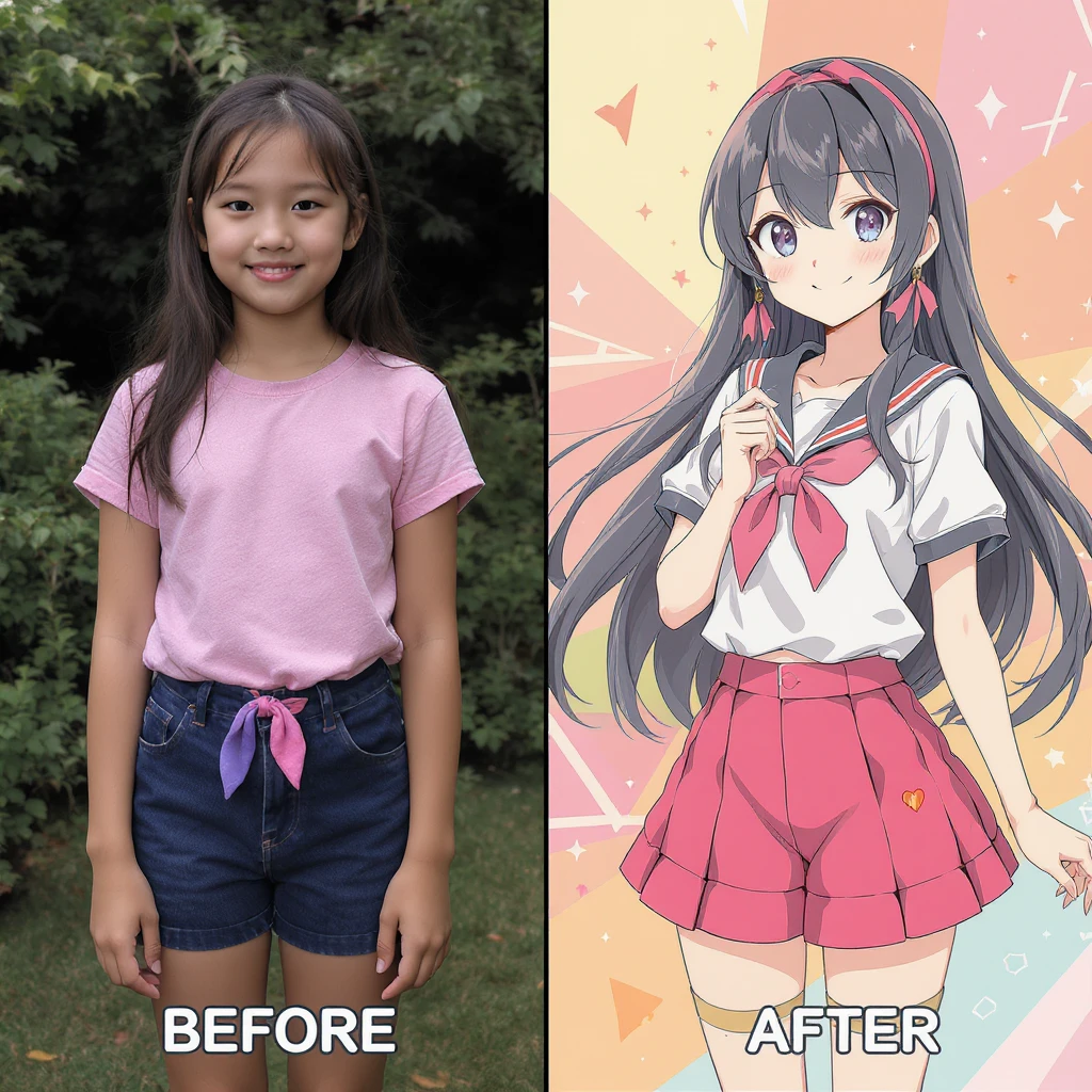 create before after image of a girl before is realsitic photo, after is anime version of her in same pose and clothes, add logo with text of a "FLUX Kontext Pro" emoji