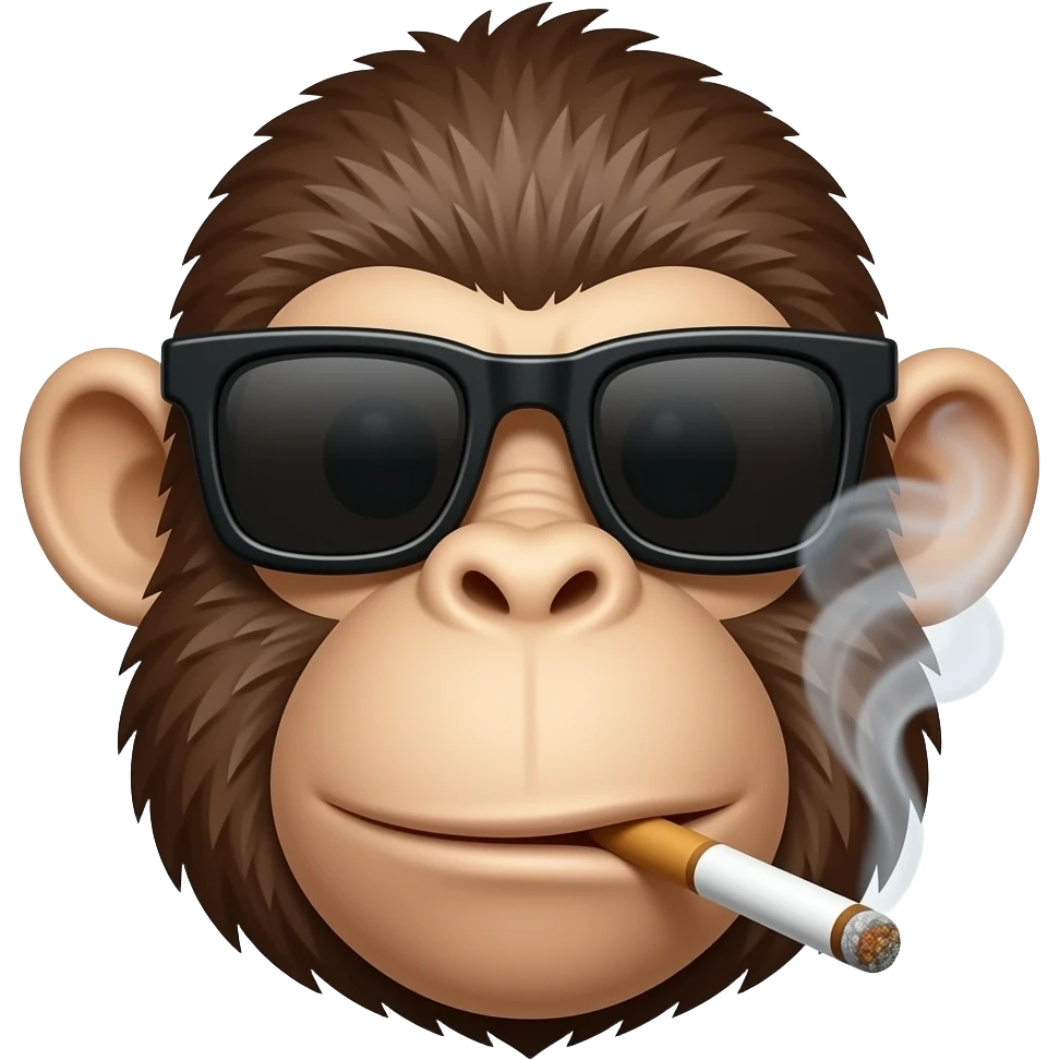 a monkey head which have thick eyebrow, wearing a sunglasses which was in square shape, can see the big ear, nosehole, and big chin/mouth, in the monkey mouth was having a cigarette which have smoke come out emoji