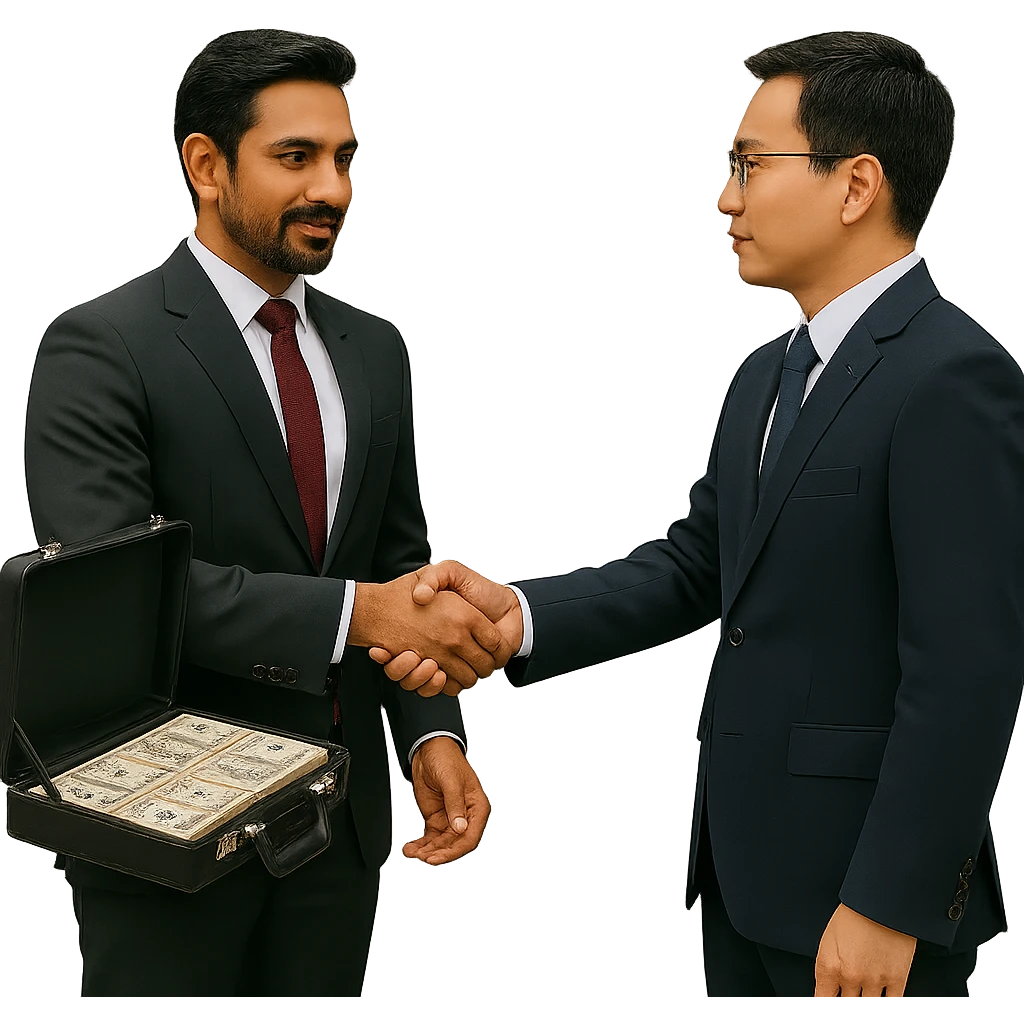 Remove the background so the scene is on a transparent background. The scene depicts a business deal with a light-skinned Indian man with a goatee and a Chinese man shaking hands. The Indian man offers a briefcase of money, and an AMG car is parked behind him. emoji