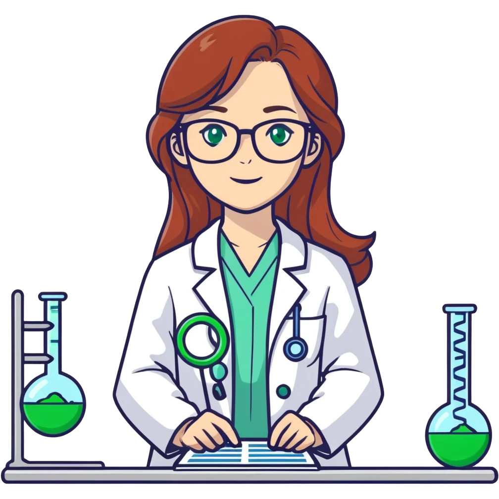 A beautiful long Auburn hair, scientist in a lab coat working with DNA, woman with green eyes glasses who has been working 12 hours straight making science wonderful emoji