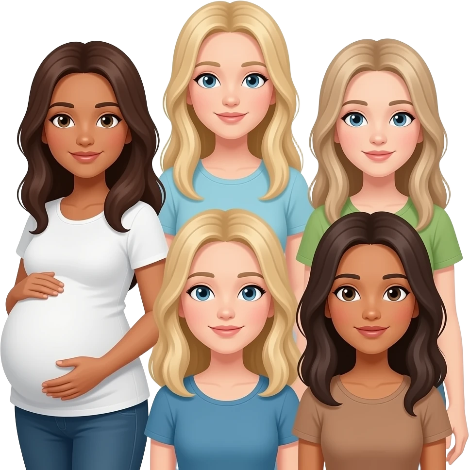 5 girl friends: a brunette who is pregnant, a dirty blonde tall thin, a blonde thin, a dirty blonde thin, a brunette emoji