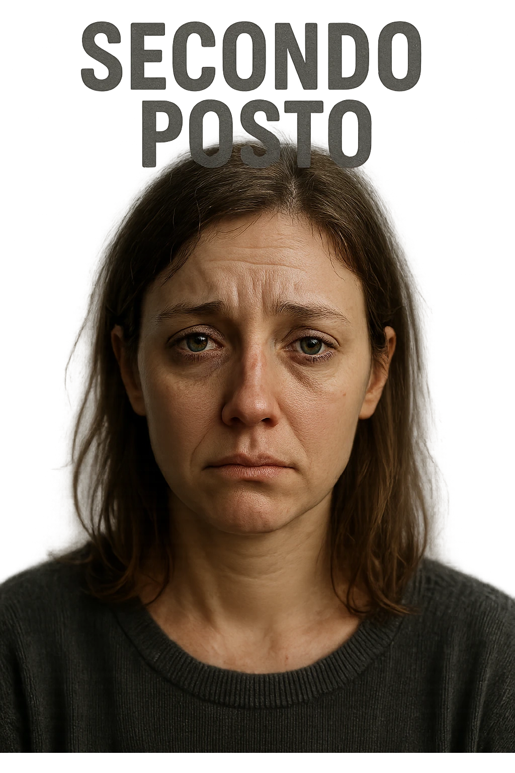 DONNA CON LA SCRITTA "SECONDO POSTO" SULLA TESTA, LEI HA L'ESPRESSIONE TRISTE, COME SE FOSSE SEMPRE SECONDA NELLA VITA, iperrealistico 4k emoji